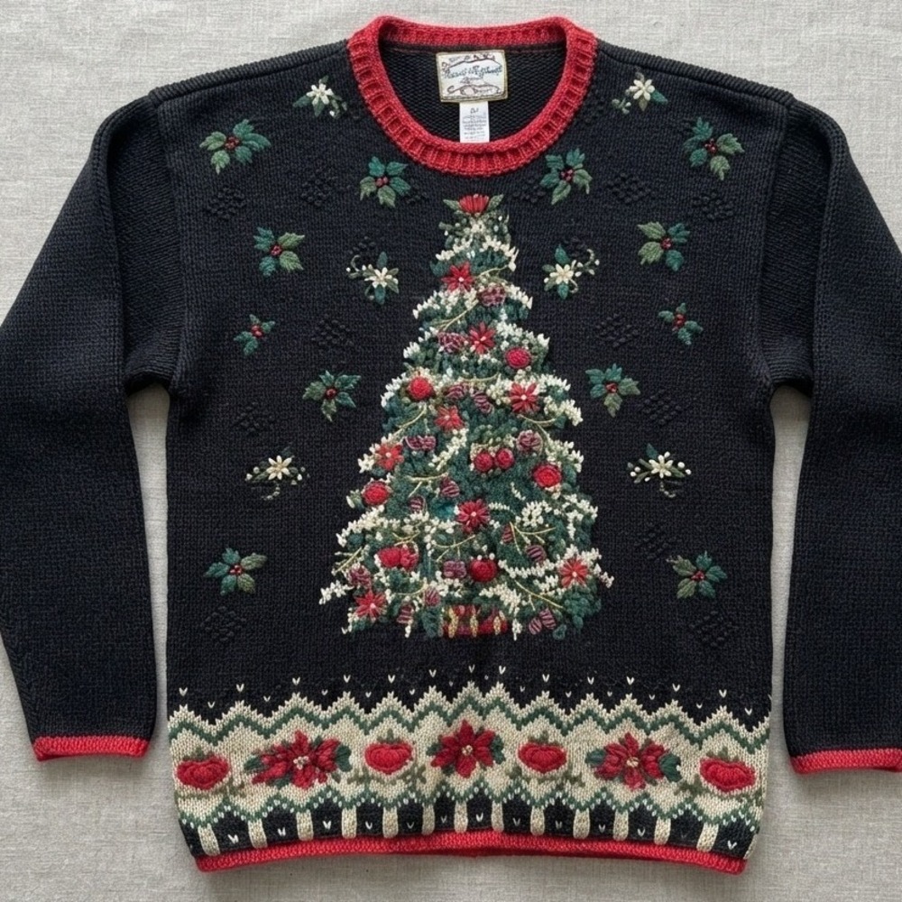 vtg 3d ugly Christmas Tree Sweater medium Embroidered poinsettia festive holiday